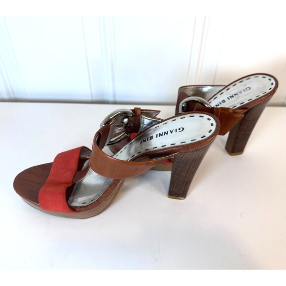 Gianni Bini T-Strap Leather Mules Heels Orange & Brown US 8M - Picture 6 of 10